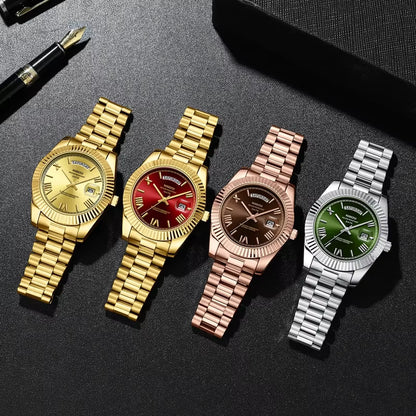 Brand Luxury Gold Red Quartz Watch for Men Stainless Steel Waterproof Luminous Date Week Fashion Men Watches Reloj Hombre