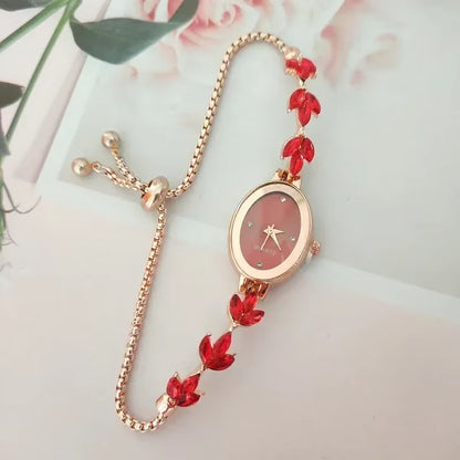 New Elegant Watch for Women Rhinestone Inlaid for Clover Lady Watches Oval Fashion Quartz Wristwatch Bracelet Clocks Reloj Mujer